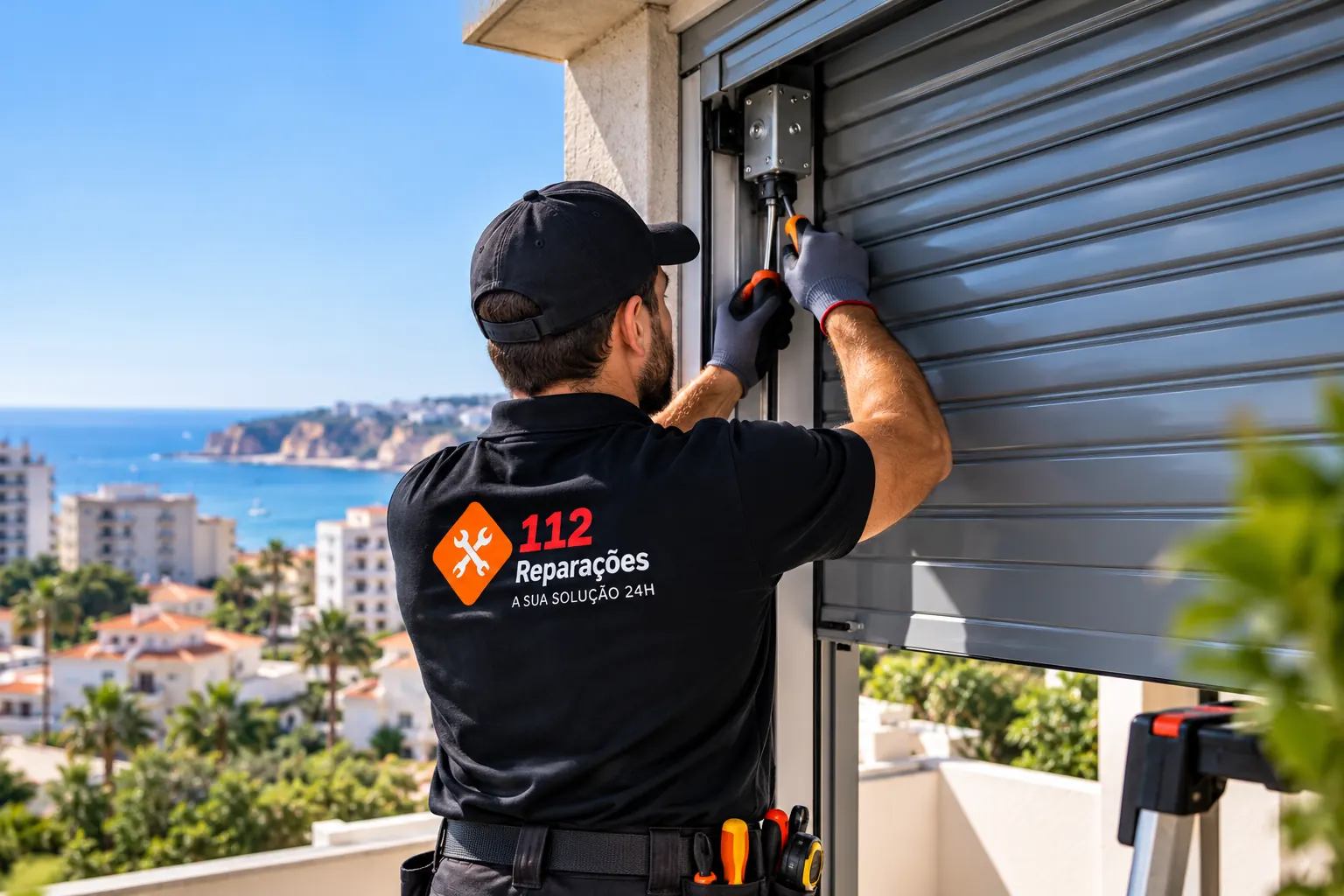 Técnico da 112 Reparações a reparar um estore